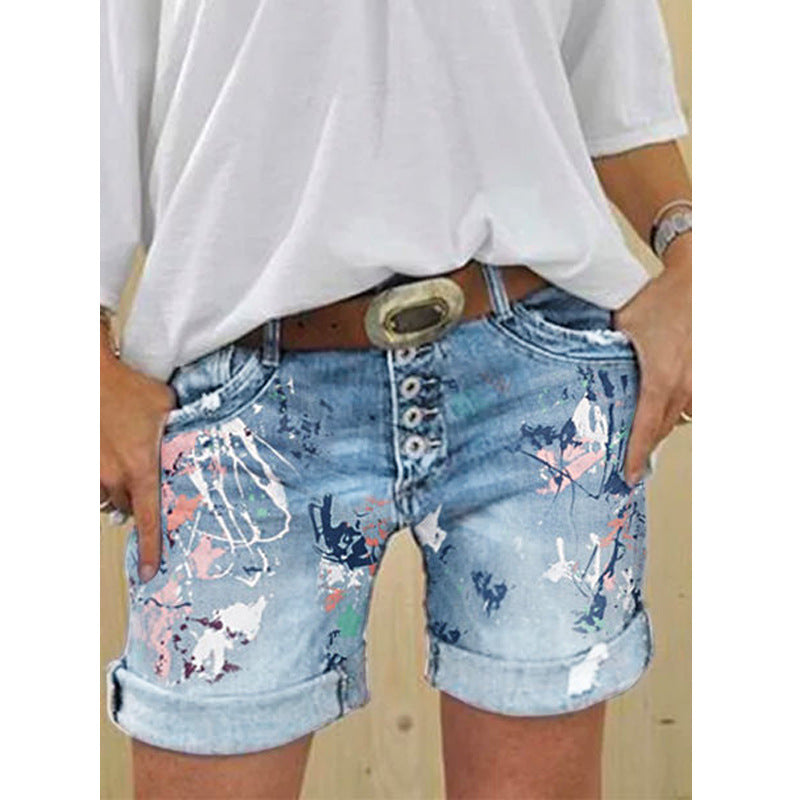 Women's Denim Breasted Slim Hot Half-length Printing Women's Jeans