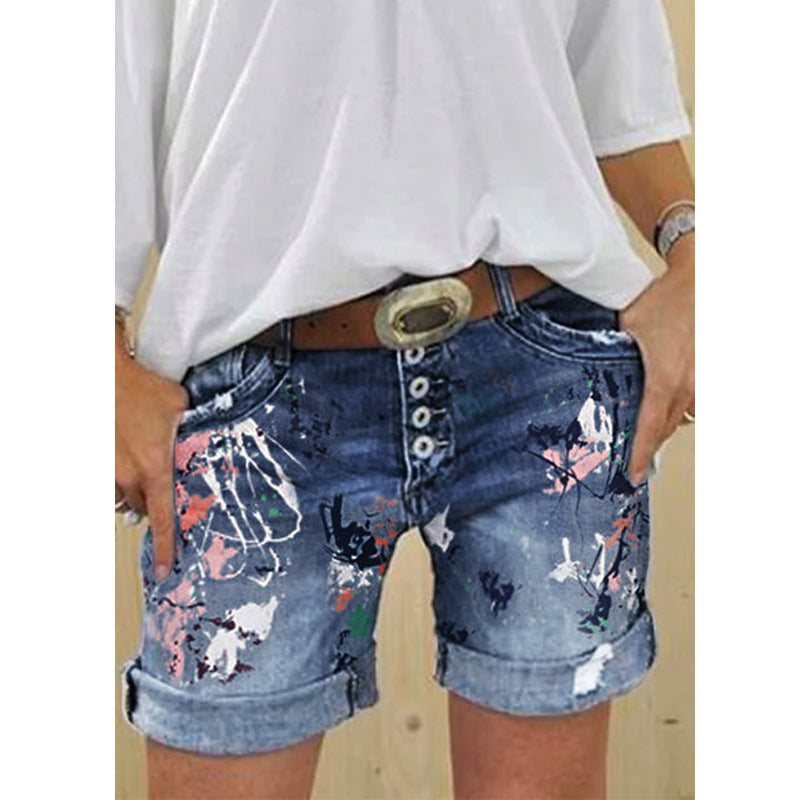 Women's Denim Breasted Slim Hot Half-length Printing Women's Jeans