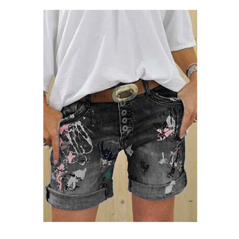 Women's Denim Breasted Slim Hot Half-length Printing Women's Jeans