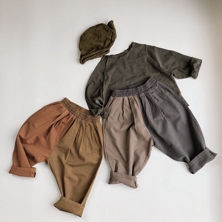 Children's Linen Korean Style Color Matching Casual Baggy Boy Mori Children's Pants