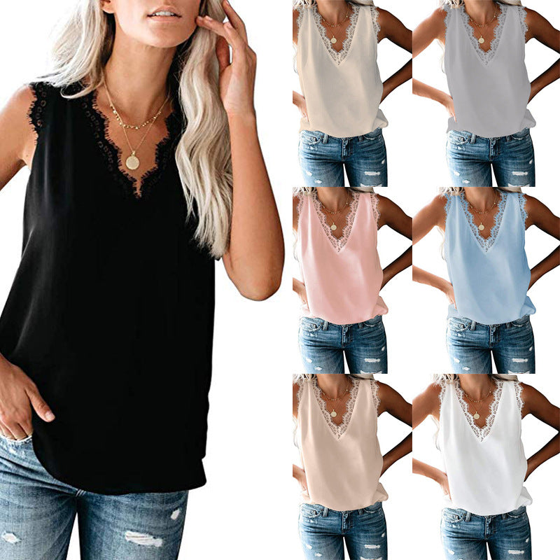 Beautiful Women's Summer Solid Color Sleeveless Lace Shirt, Chiffon Shirt