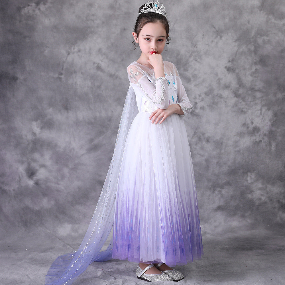 Love Elsa Princess Long Sleeve White Gradient Color Suitable For Children's Dress