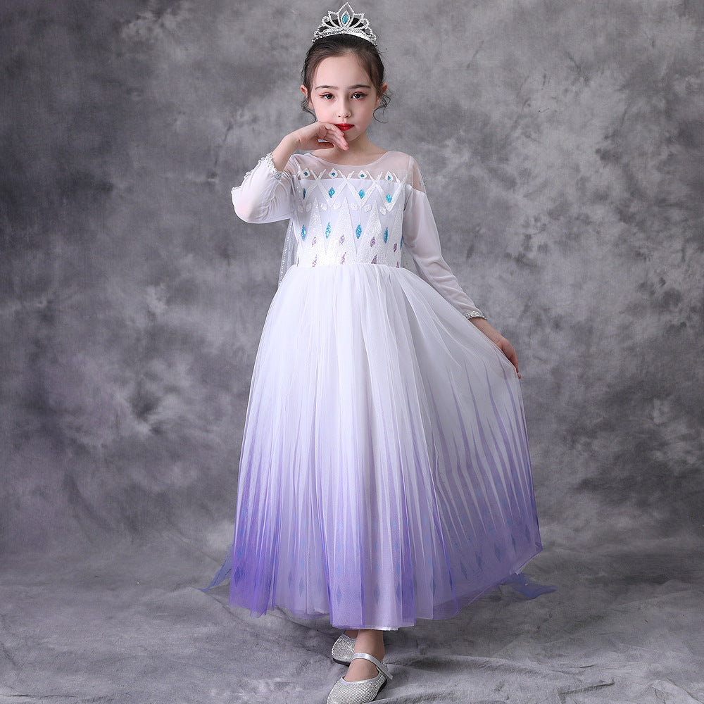 Love Elsa Princess Long Sleeve White Gradient Color Suitable For Children's Dress