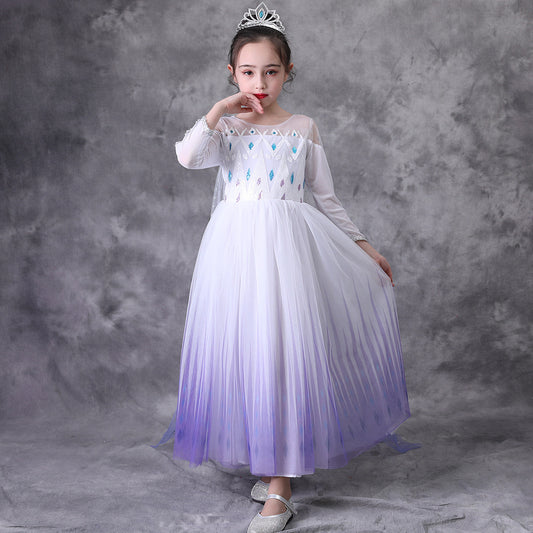 Love Elsa Princess Long Sleeve White Gradient Color Suitable For Children's Dress