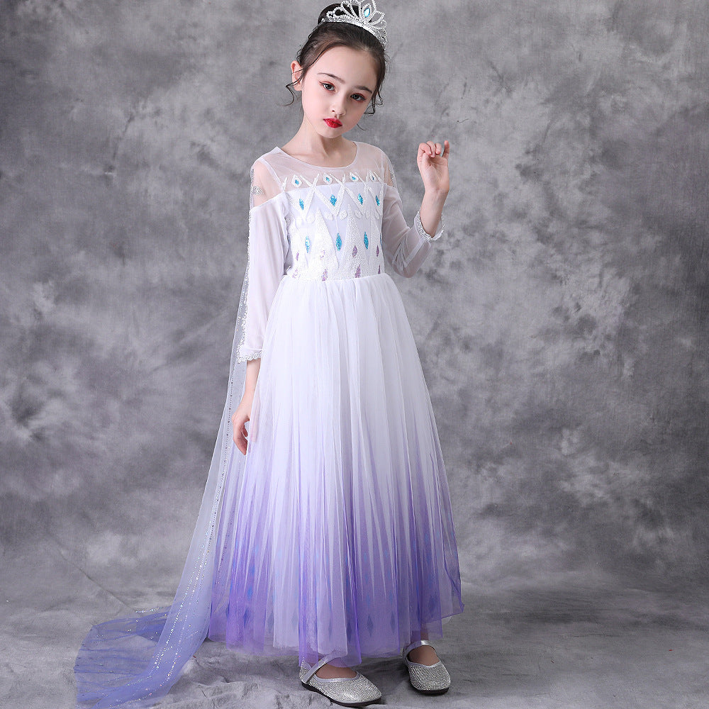 Love Elsa Princess Long Sleeve White Gradient Color Suitable For Children's Dress