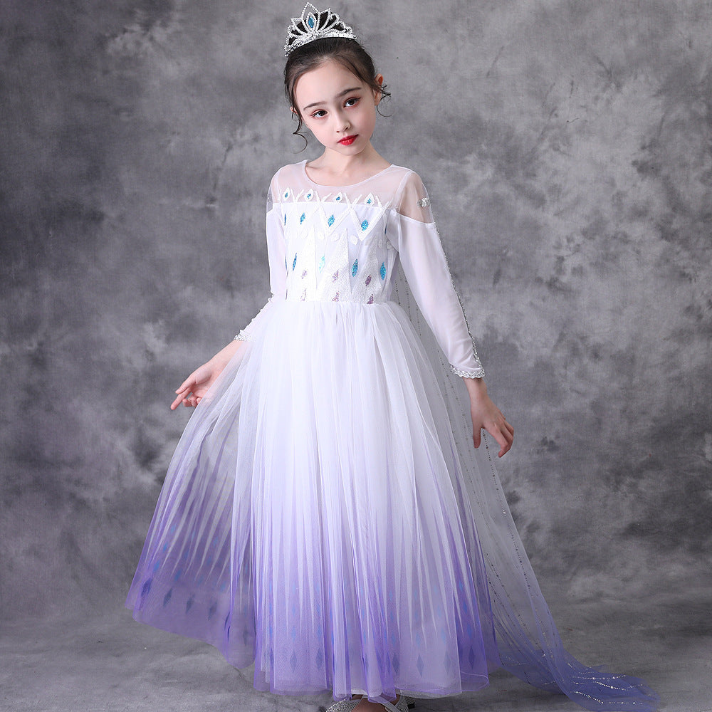 Love Elsa Princess Long Sleeve White Gradient Color Suitable For Children's Dress