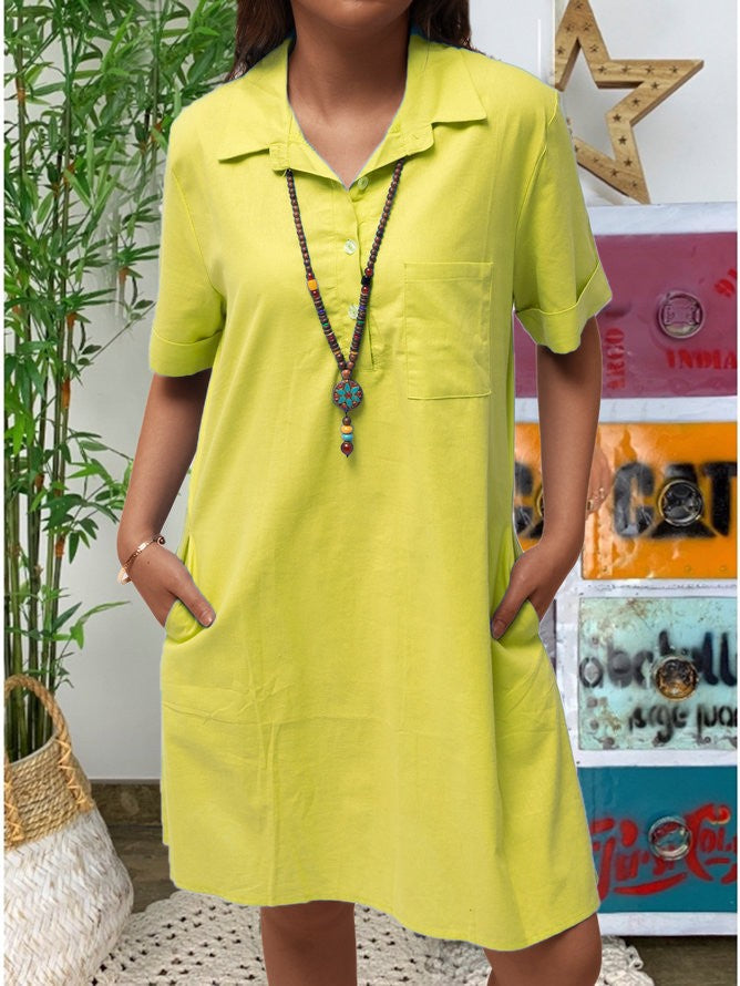 Cotton Linen Solid Color Loose Shoulder Sleeve Pocket Casual Blouse