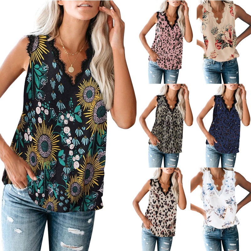 Women's Summer Solid Color Eyelash Sleeveless Printed Lace Shirt, Chiffon Shirt