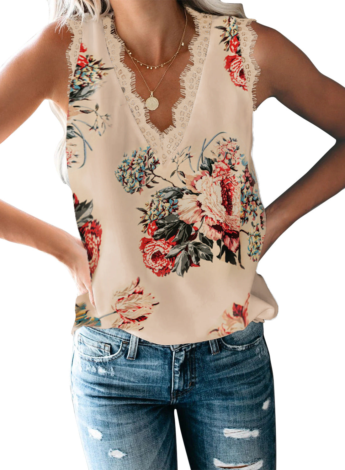 Women's Summer Solid Color Eyelash Sleeveless Printed Lace Shirt, Chiffon Shirt