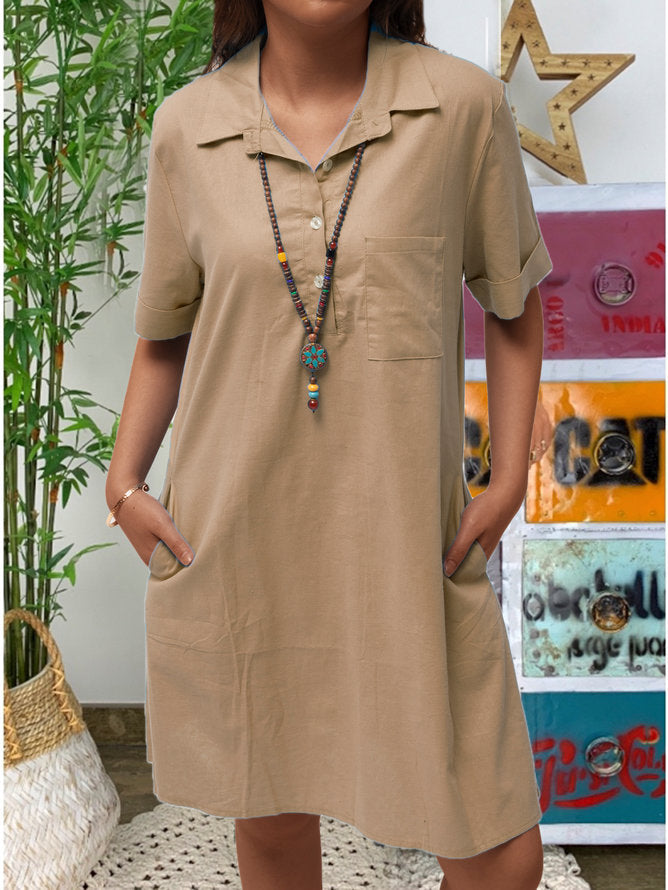 Cotton Linen Solid Color Loose Shoulder Sleeve Pocket Casual Blouse