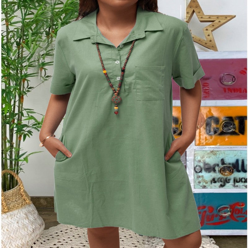 Cotton Linen Solid Color Loose Shoulder Sleeve Pocket Casual Blouse