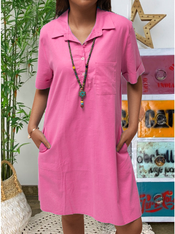 Cotton Linen Solid Color Loose Shoulder Sleeve Pocket Casual Blouse