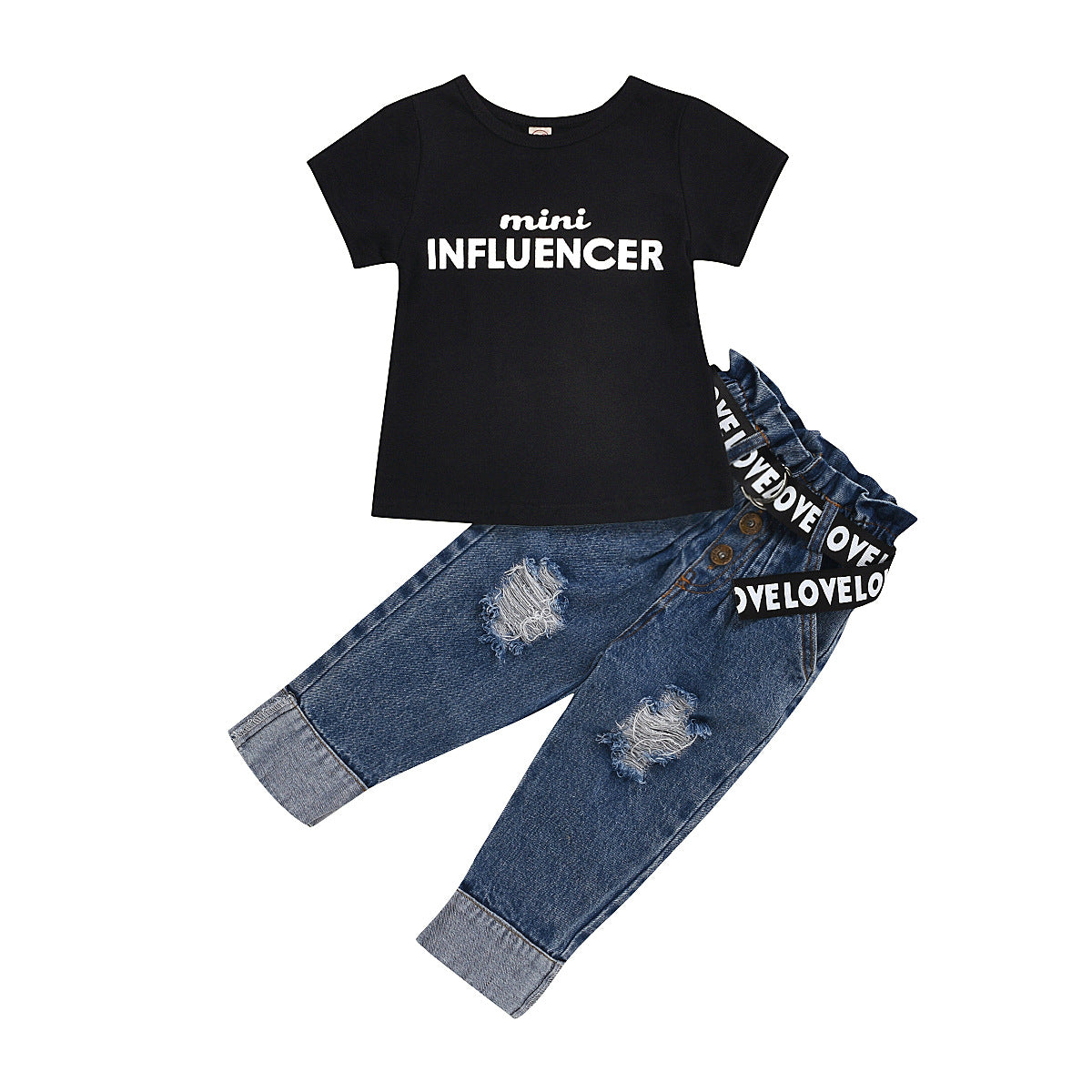 Printed T-shirt Button Ripped Denim Pants With Children's Suit