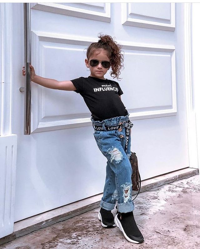 Printed T-shirt Button Ripped Denim Pants With Children's Suit
