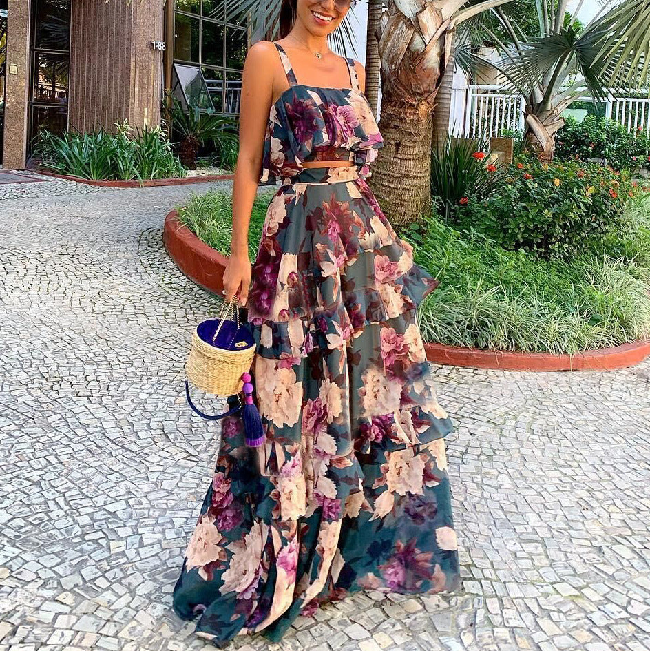 Women's Chiffon Maxi Dress Printed Strap Lotus Skirt