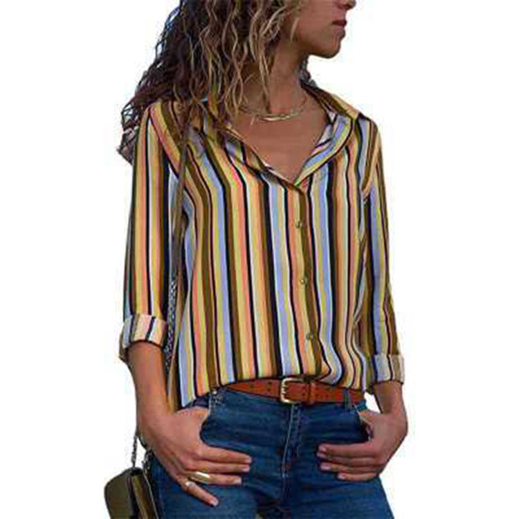 Women's Striped Casual Long Sleeve Chiffon Shirt Tops