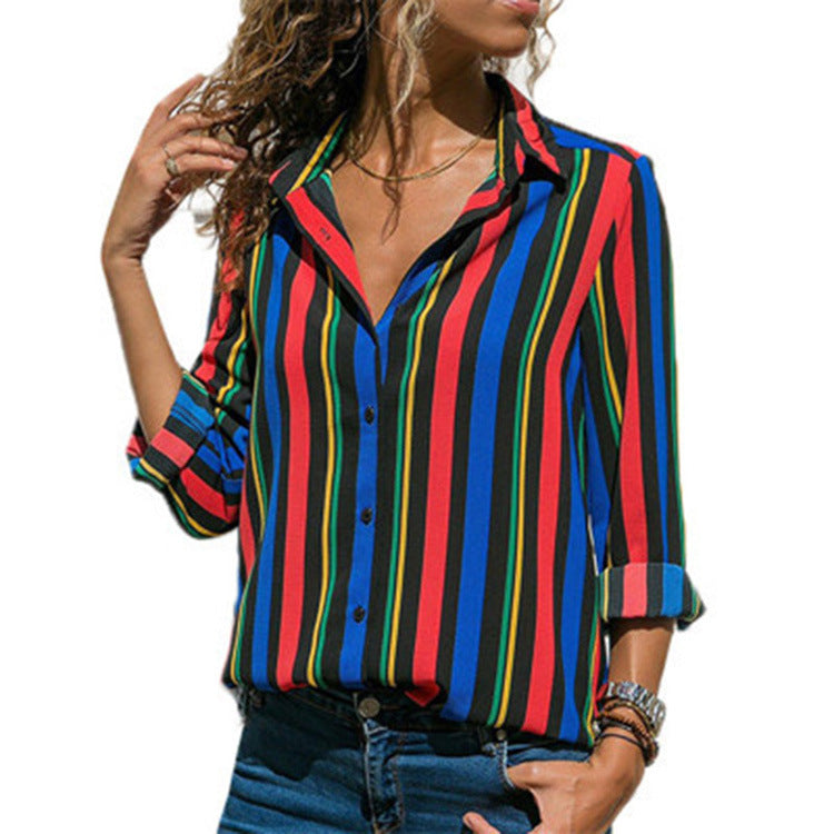 Women's Striped Casual Long Sleeve Chiffon Shirt Tops