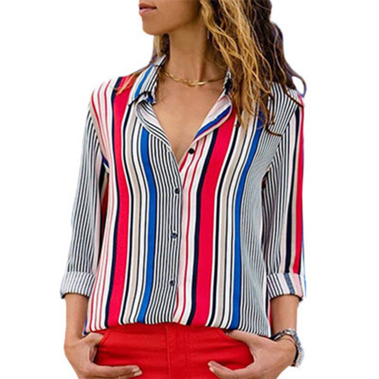 Women's Striped Casual Long Sleeve Chiffon Shirt Tops