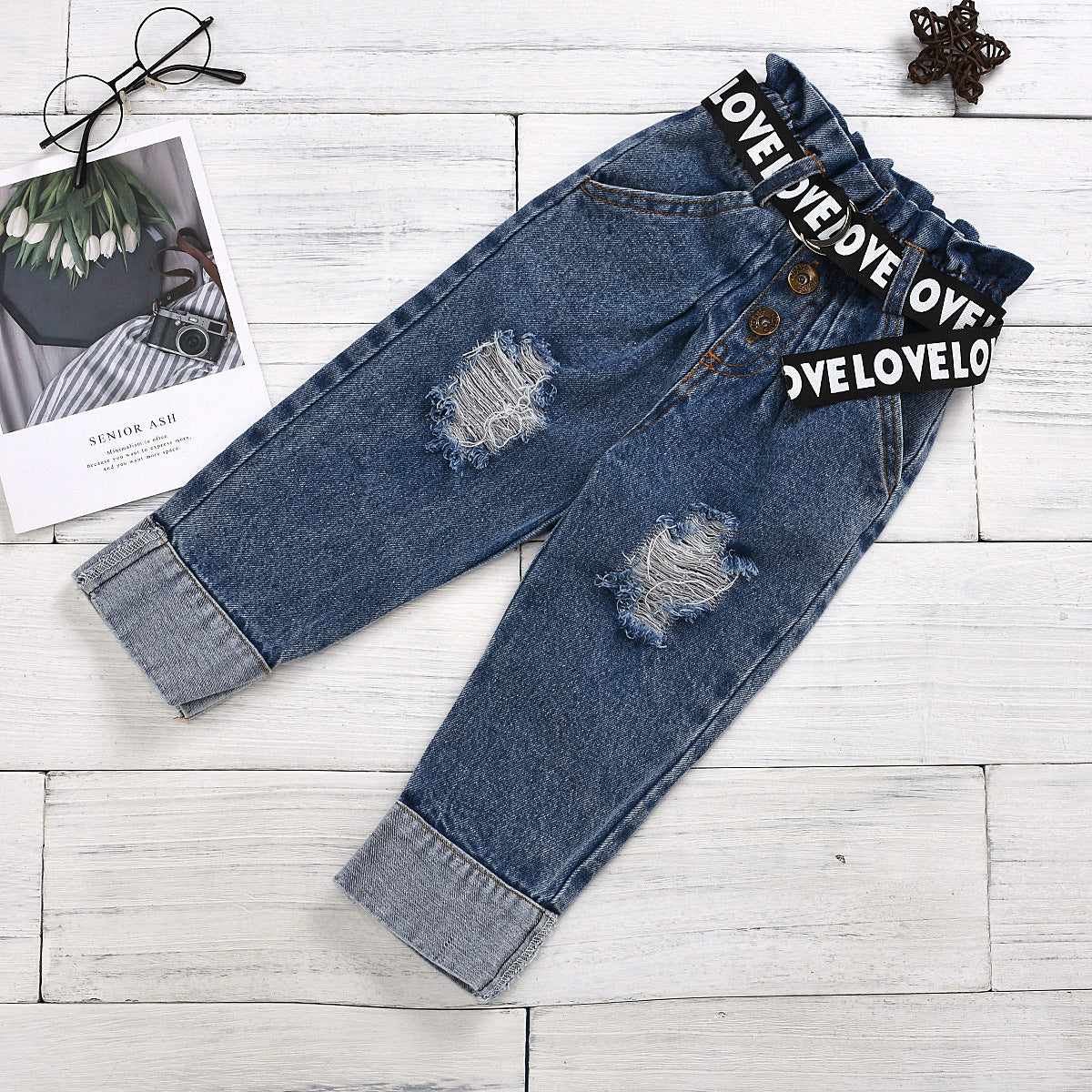 Printed T-shirt Button Ripped Denim Pants With Children's Suit