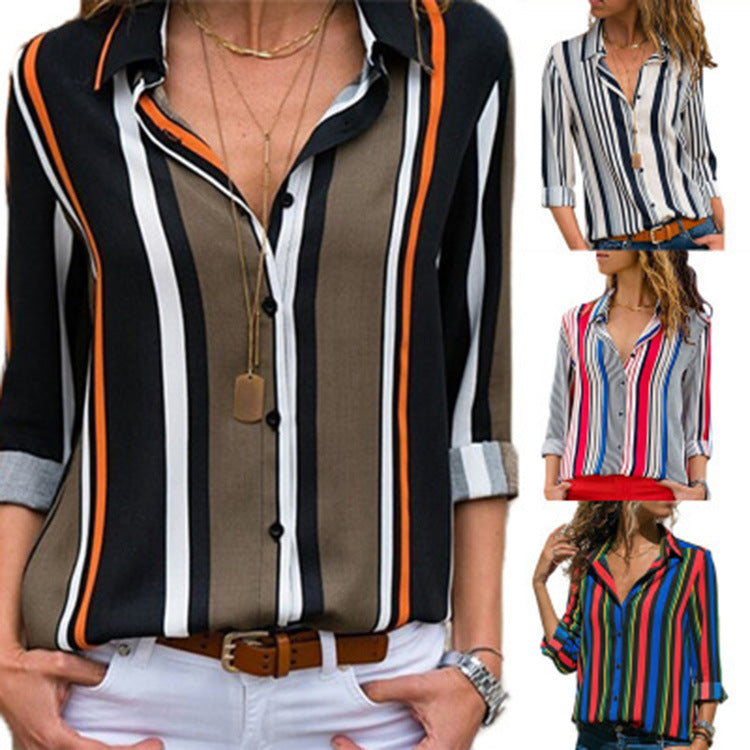 Women's Striped Casual Long Sleeve Chiffon Shirt Tops