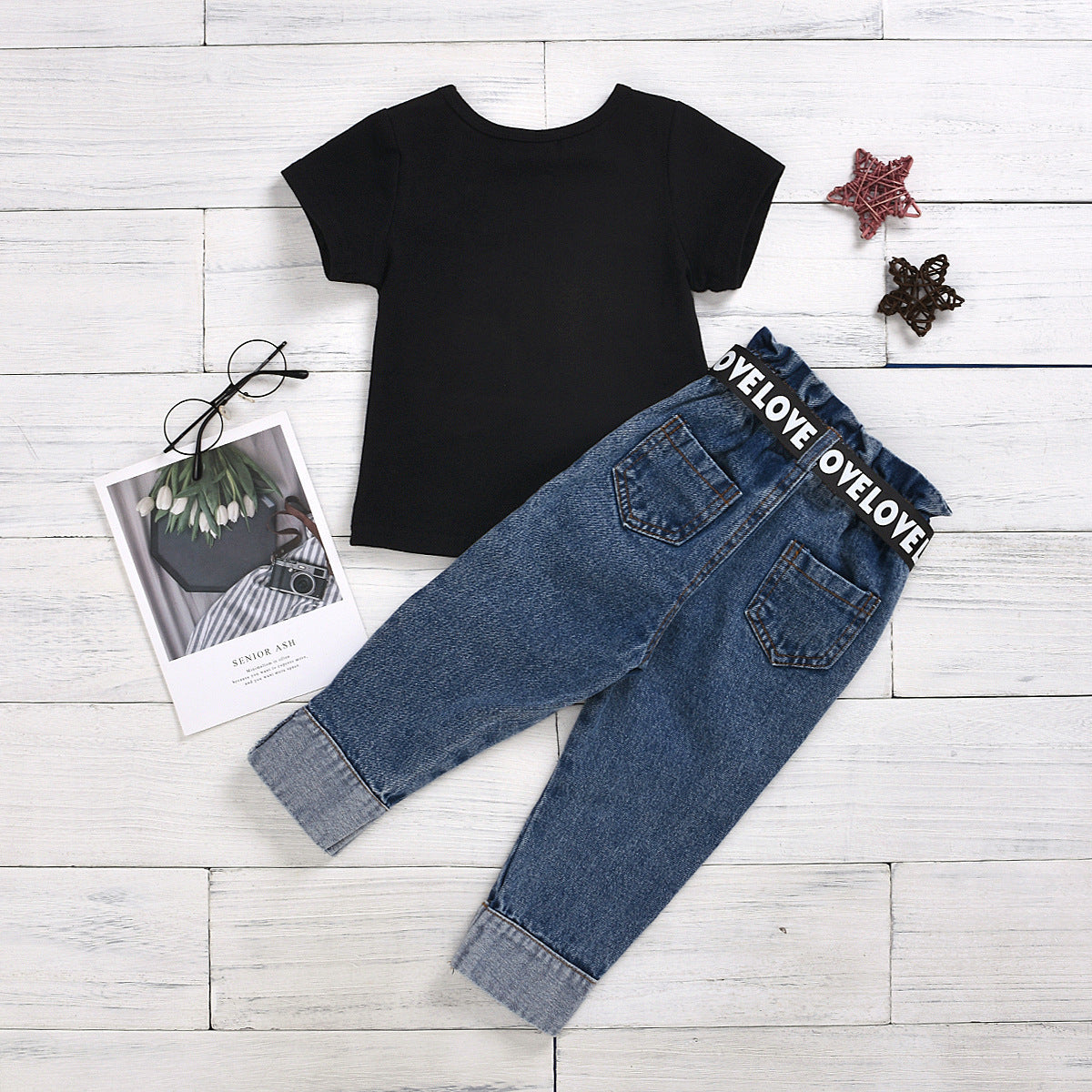 Printed T-shirt Button Ripped Denim Pants With Children's Suit