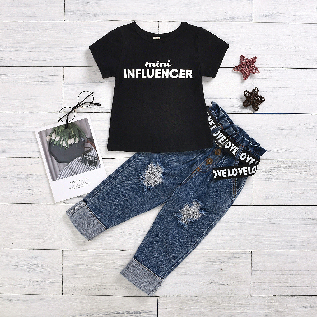 Printed T-shirt Button Ripped Denim Pants With Children's Suit