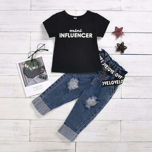 Printed T-shirt Button Ripped Denim Pants With Children's Suit
