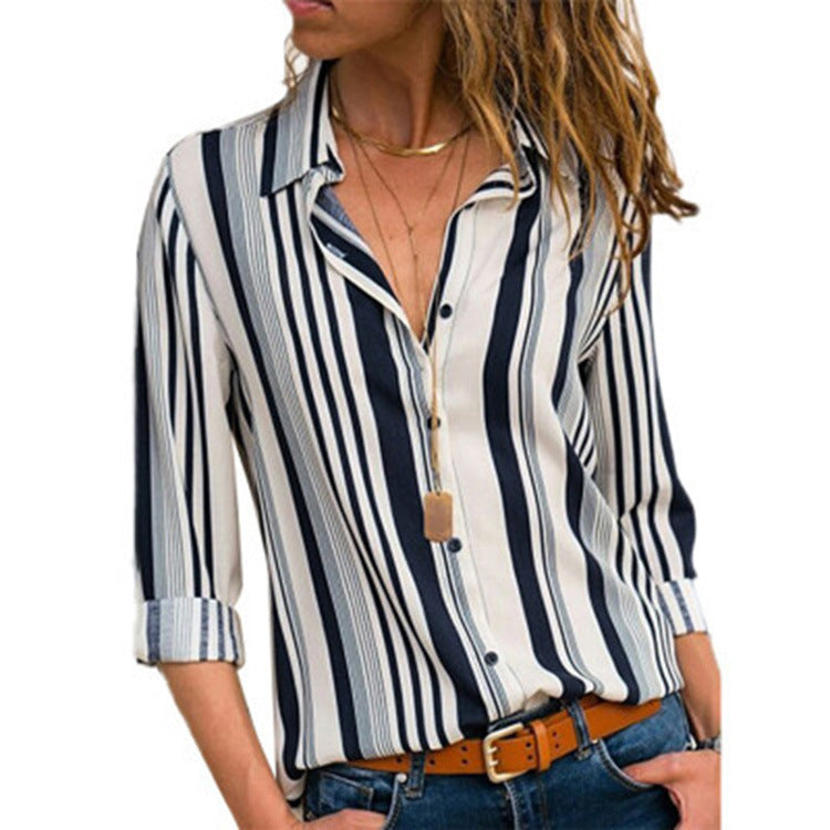 Women's Striped Casual Long Sleeve Chiffon Shirt Tops