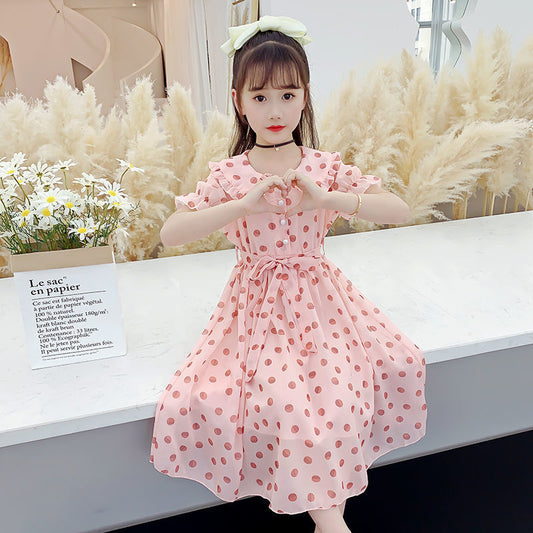 Summer Korean Style Ruffled Polka Dot Skirt Medium Big Chiffon Children's Dress