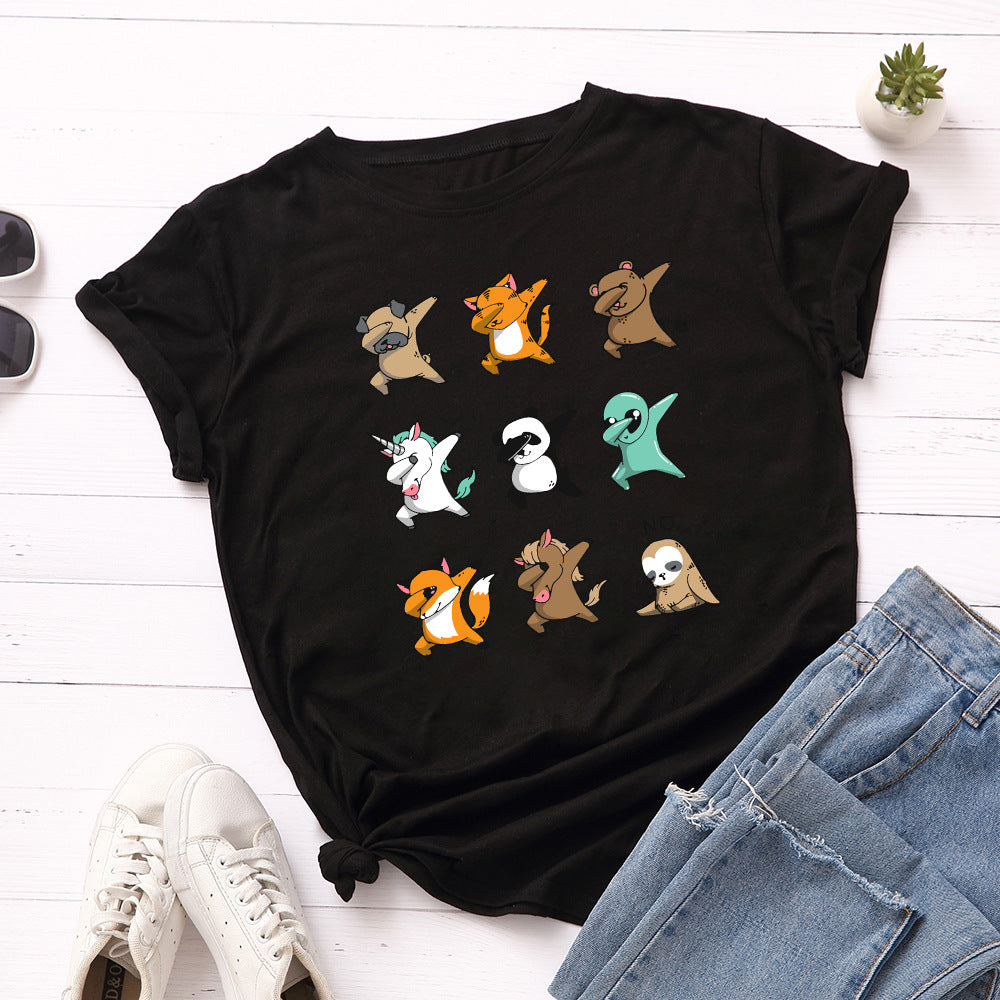 Women's Pure Cotton Wear Loose Round Neck Sleeve Female Funny Dog Shorts