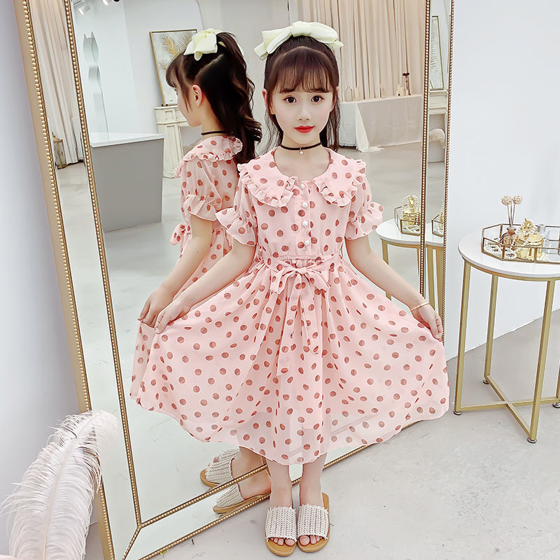 Summer Korean Style Ruffled Polka Dot Skirt Medium Big Chiffon Children's Dress