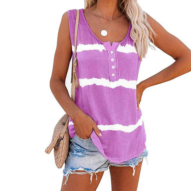 Women's Summer Button Striped Printed For Women's T-shirt
