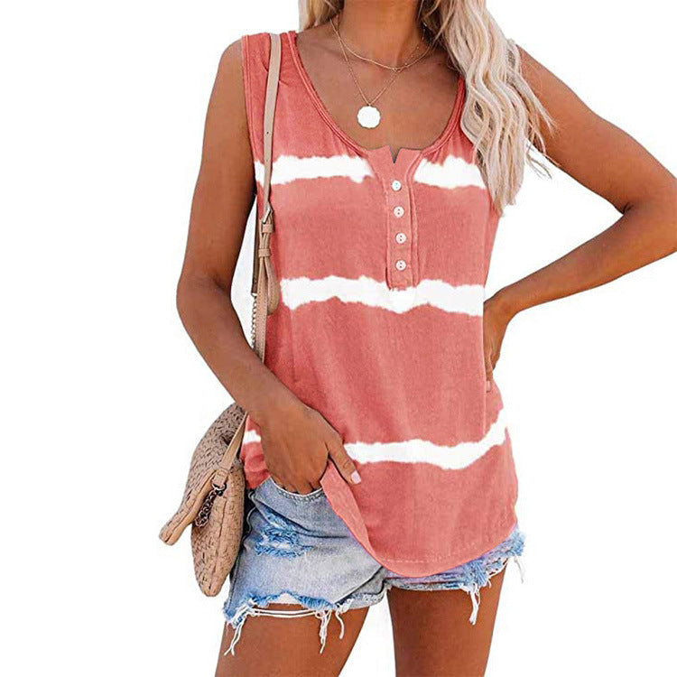 Women's Summer Button Striped Printed For Women's T-shirt