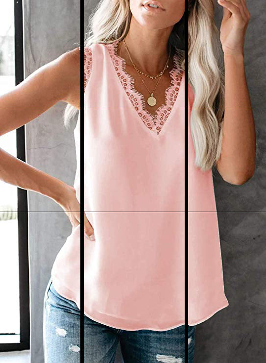 Beautiful Women's Summer Solid Color Sleeveless Lace Shirt, Chiffon Shirt
