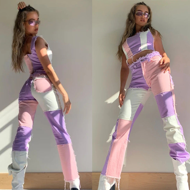 Women's Fashion Mixed Color Stitching High Waist Tight Hip Denim Women's Jeans