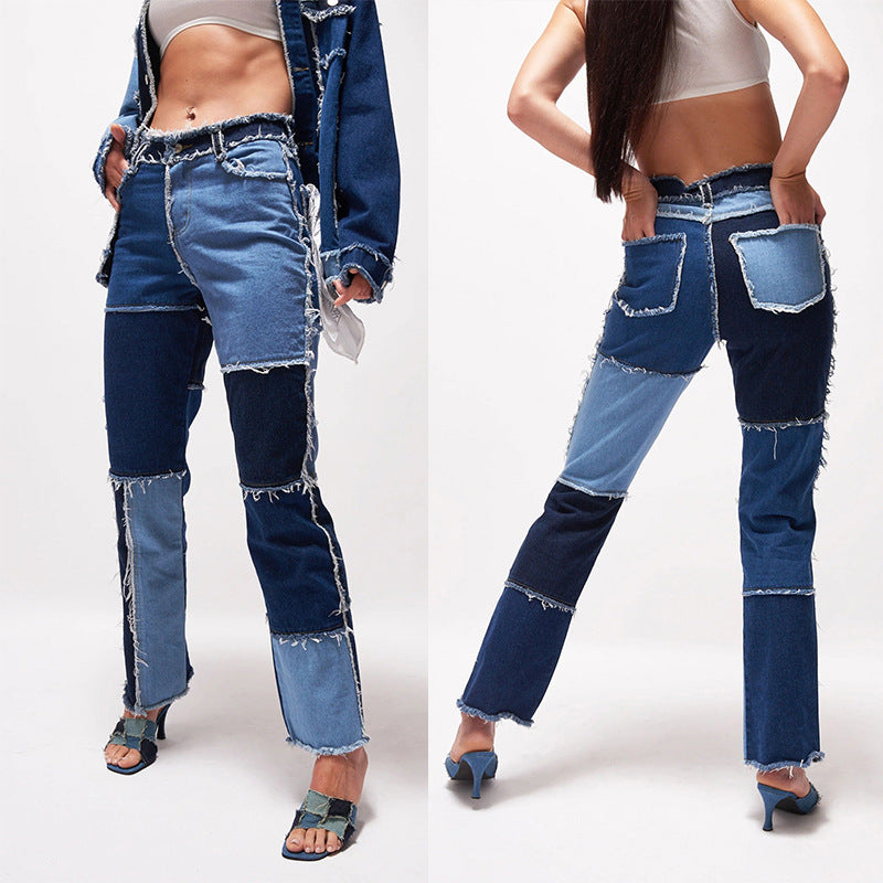 Women's Fashion Mixed Color Stitching High Waist Tight Hip Denim Women's Jeans