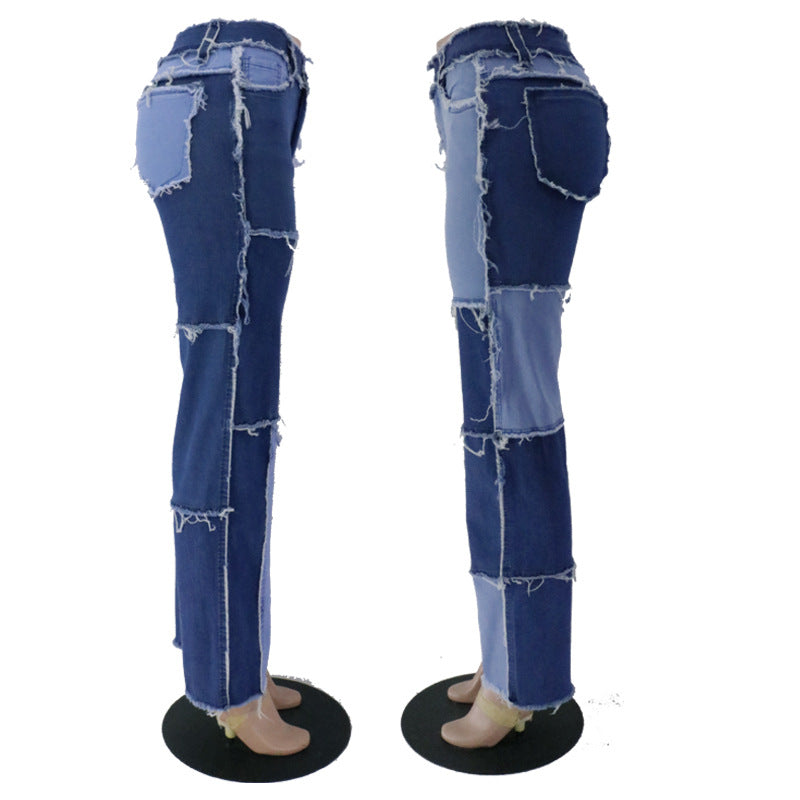 Women's Fashion Mixed Color Stitching High Waist Tight Hip Denim Women's Jeans