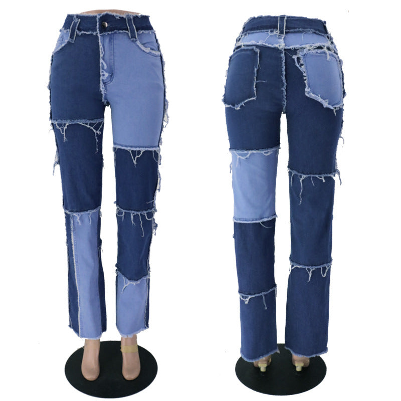Women's Fashion Mixed Color Stitching High Waist Tight Hip Denim Women's Jeans