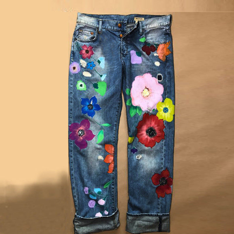 Women's High Quality Blockbusters Exquisite Printing Denim Straight Go Out Pants