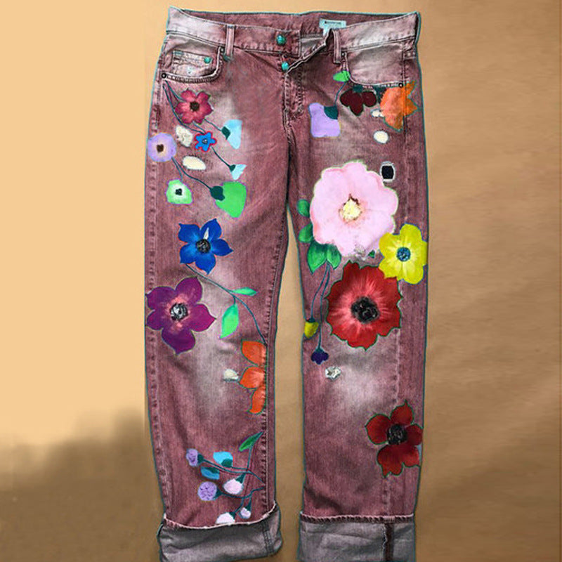 Women's High Quality Blockbusters Exquisite Printing Denim Straight Go Out Pants