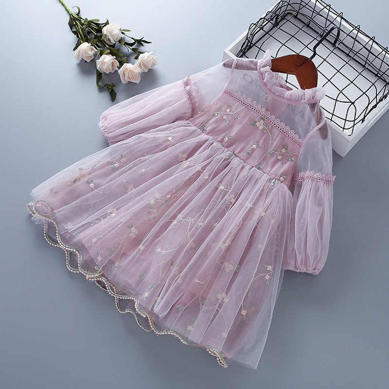 Shirt Lace Mesh Embroidered Puff Sleeve Long Children's Dress