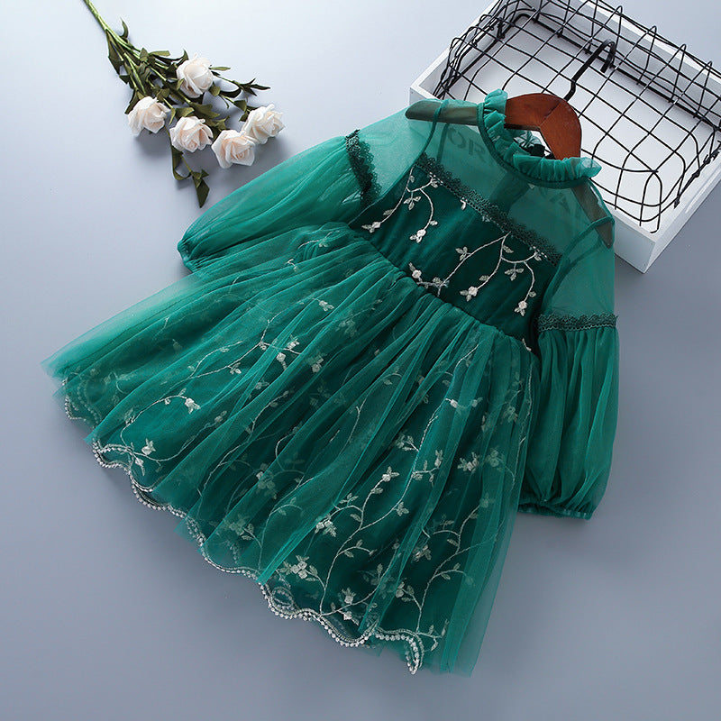 Shirt Lace Mesh Embroidered Puff Sleeve Long Children's Dress