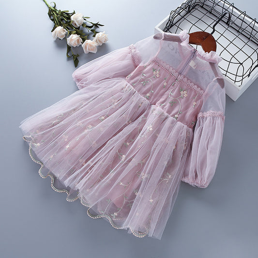 Shirt Lace Mesh Embroidered Puff Sleeve Long Children's Dress