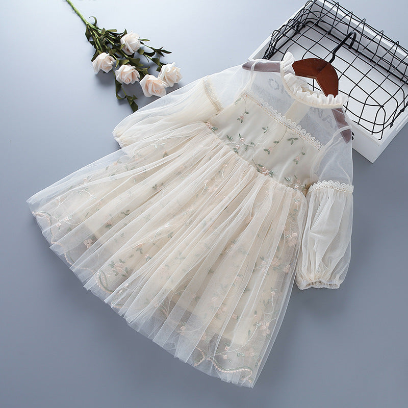 Shirt Lace Mesh Embroidered Puff Sleeve Long Children's Dress
