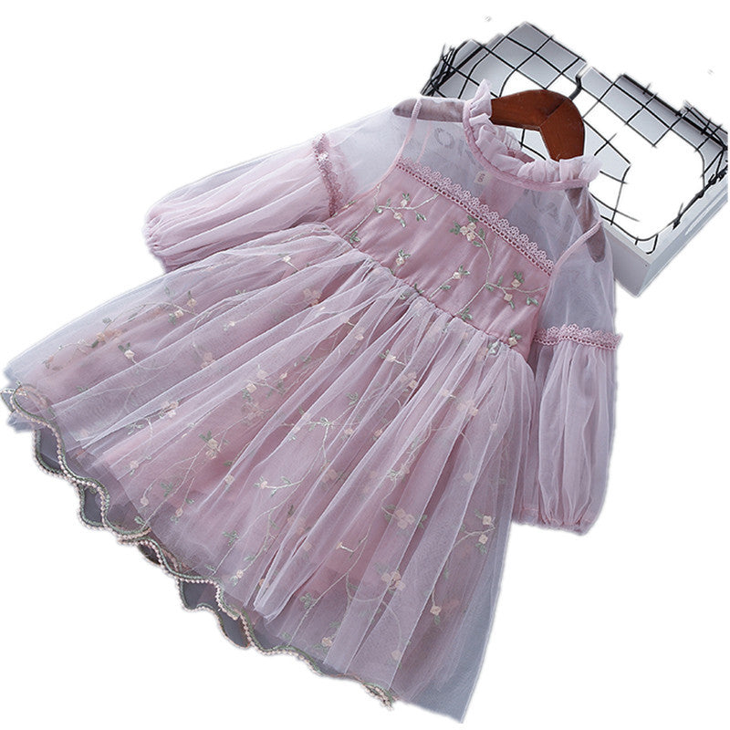 Shirt Lace Mesh Embroidered Puff Sleeve Long Children's Dress