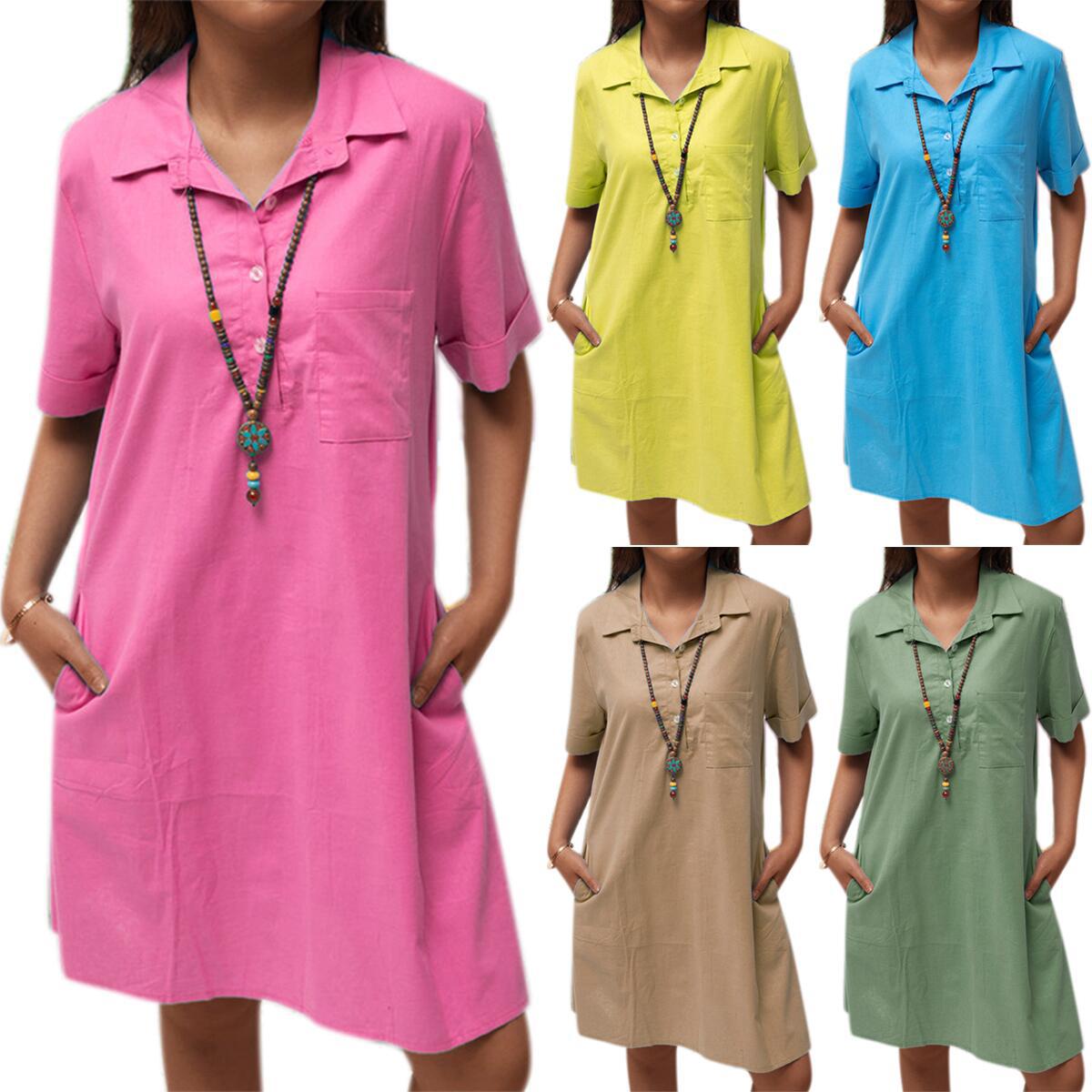 Cotton Linen Solid Color Loose Shoulder Sleeve Pocket Casual Blouse