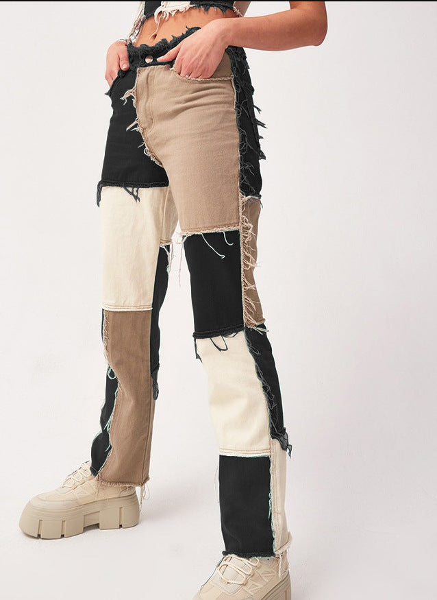 Women's Fashion Mixed Color Stitching High Waist Tight Hip Denim Women's Jeans
