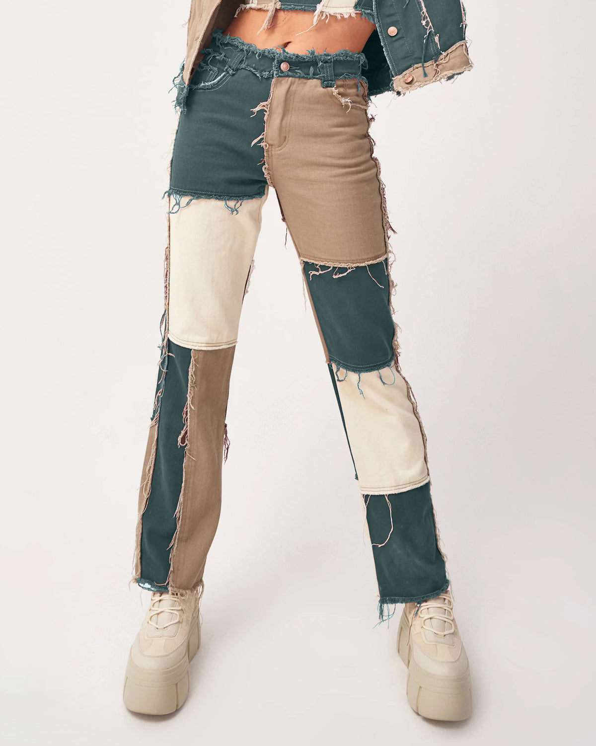 Women's Fashion Mixed Color Stitching High Waist Tight Hip Denim Women's Jeans
