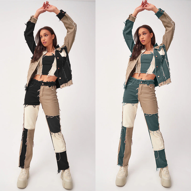 Women's Fashion Mixed Color Stitching High Waist Tight Hip Denim Women's Jeans