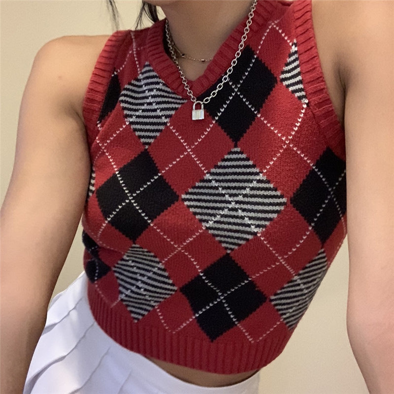 Women's Autumn Solid Color Plaid Bandage Dress Outer Sleeveless Vests